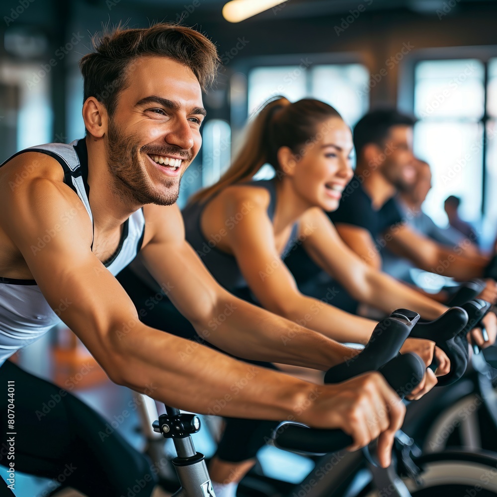 People Happily Cycling Together in the Gym People Happily Cycling Together in the Gym