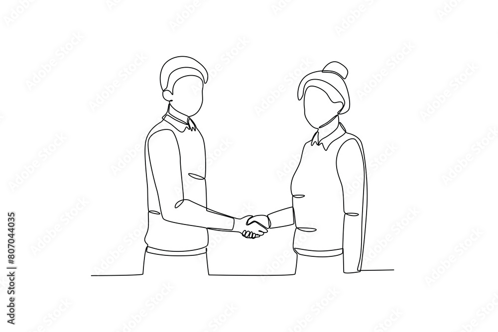 Single continuous line drawing of young Coworkers shaking hands. Business agreement celebration concept continuous line graphic draw design vector illustration Single continuous line drawing of young Coworkers shaking hands. Business agreement celebration concept continuous line graphic draw design vector illustration