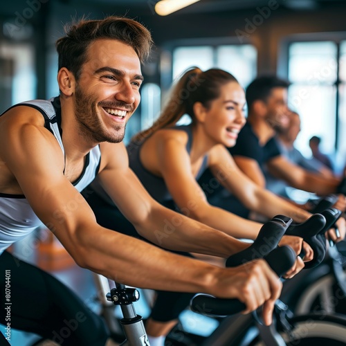 People Happily Cycling Together in the Gym