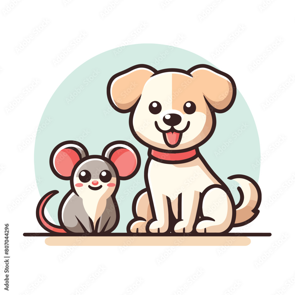 Fototapeta premium A cute cartoon of a dog and a mouse sitting together and smiling