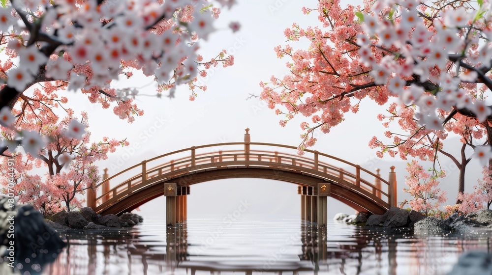 Fototapeta premium The bridge is wooden and has a peaceful, serene atmosphere