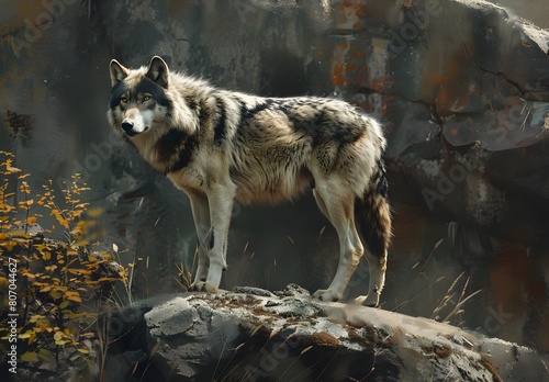 Portrait of a grey wolf in a zoo  standing over a rock.