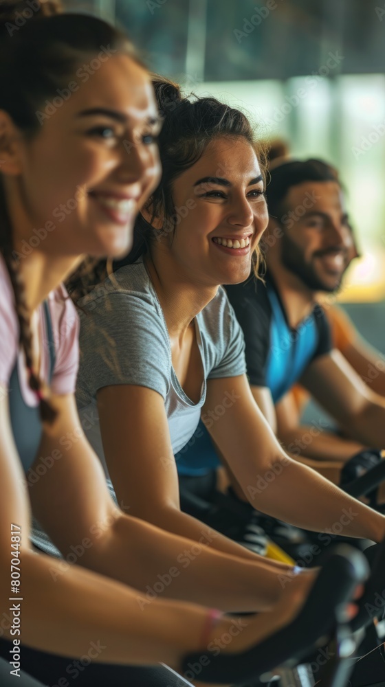 People Happily Cycling Together in the Gym People Happily Cycling Together in the Gym