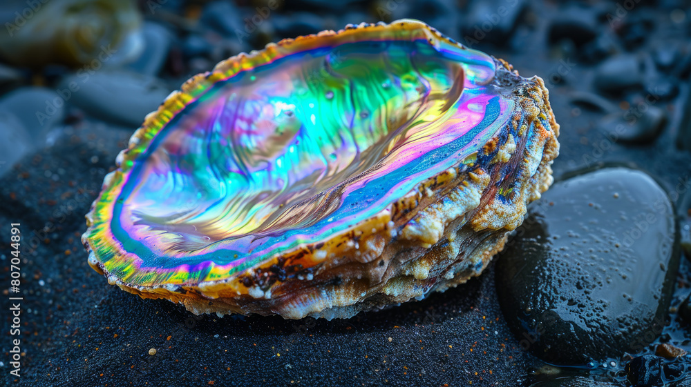 Fototapeta premium An iridescent abalone shell on rocks