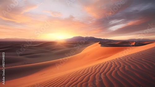 Sand dunes in the desert at sunset. Panoramic view