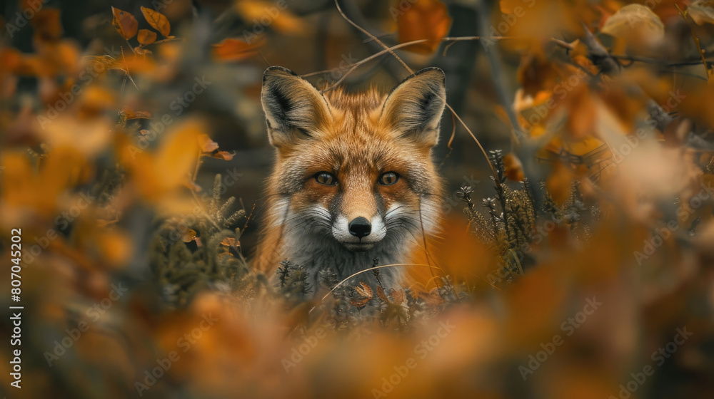 Obraz premium A red fox peeked out from behind the autumn leaves