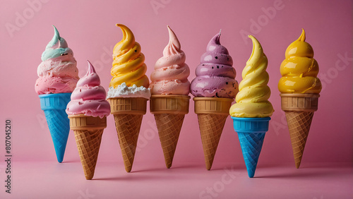Inflatable Ice Cream Delights: Vibrant Hues Against a Pink background, Colorful, inflatable, ice creams, pink background, minimalistic, vibrant, fun, playful, pastel, summer, whimsical, cheerful, cute