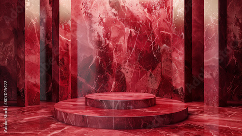 Elegant crimson marble interior with empty round podium and vertical panels. Copy space for design. Generative AI