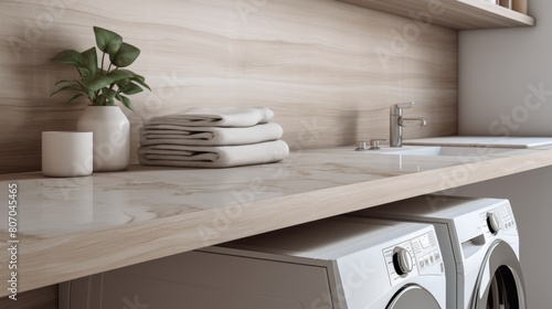 Freshly washed white towels neatly folded on a luxurious marble table in a modern laundry room with a sleek washer and dryer, creating a clean and elegant atmosphere for household chores.
