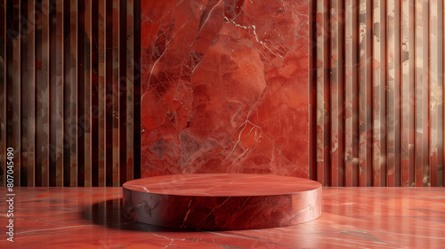 Elegant crimson marble interior with empty round podium and vertical panels. Copy space for design. Generative AI