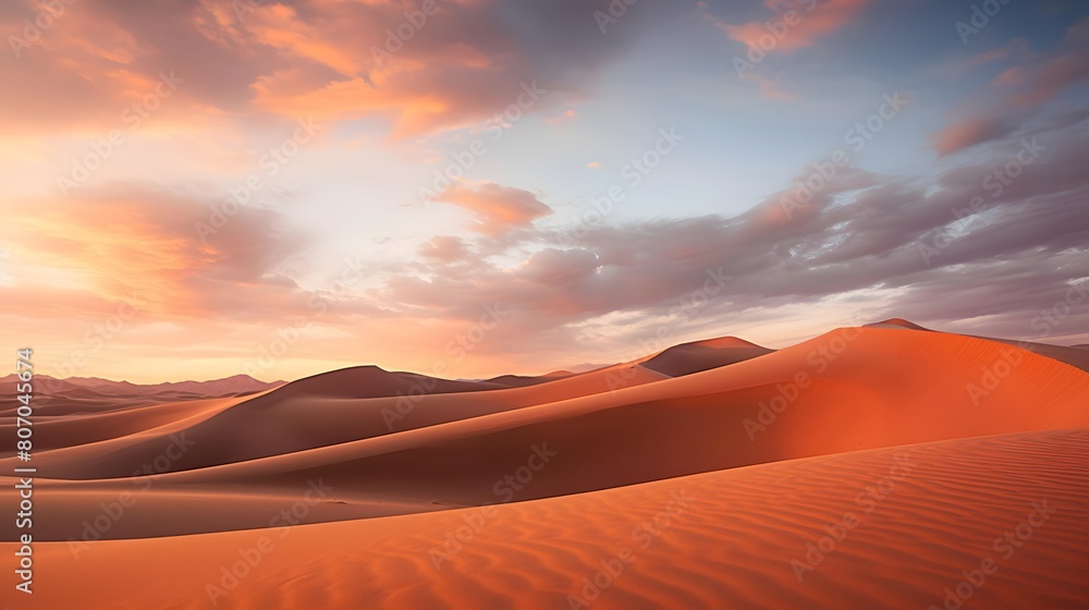 Desert sand dunes panorama at sunset. Nature composition.