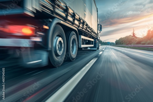 Close-up of a cargo lorry speeding on a freeway, focusing on the wheels and lower chassis to highlight the motion and rugged design