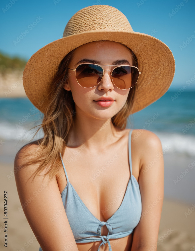 Wide shot portrait of beautiful young girl wearing straw hat and sunglasses at the beach
