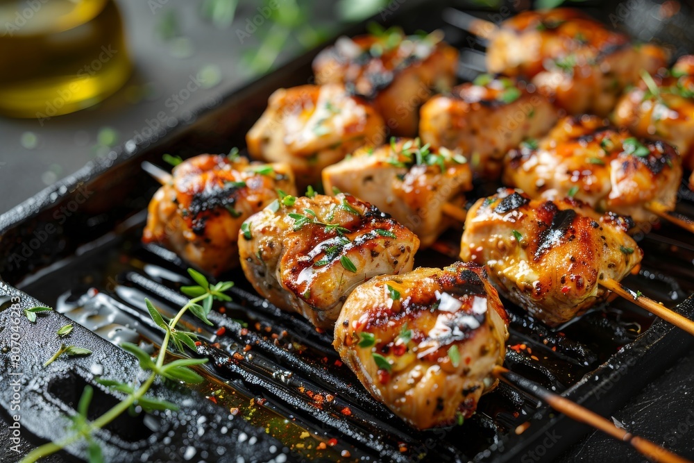 Close-up of marinated chicken kebabs sizzling on a cast-iron grill pan, with oil droplets and herbs adding flair