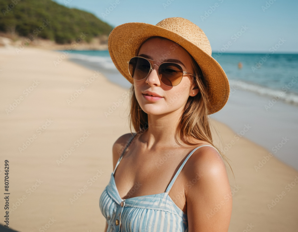 Wide shot portrait of beautiful young girl wearing straw hat and sunglasses at the beach Wide shot portrait of beautiful young girl wearing straw hat and sunglasses at the beach