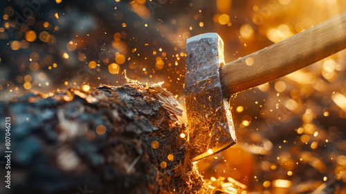 An ax hits a log with flying chips.
