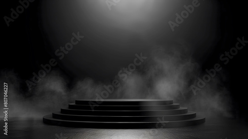 Black plaform on black studio background with smoke