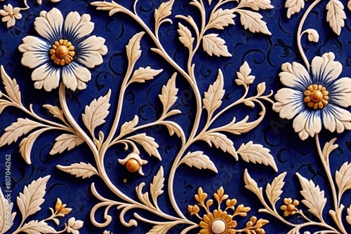 Blue white retro vintage arabesque wallpaper wall texture background floral flowers leaves print