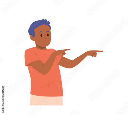 Little schoolboy child cartoon character pointing with double index finger aside isolated on white