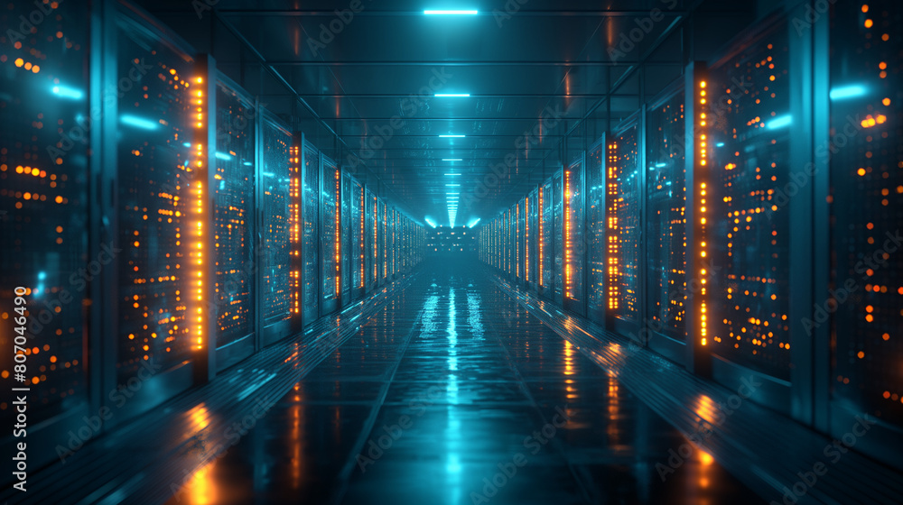 Render of Modern Data Technology Center Server Racks in Dark Room with VFX. Visualization Concept of Internet of Things, Data Flow, Digitalization of Internet Traffic. Complex Equipment Warehouse. Render of Modern Data Technology Center Server Racks in Dark Room with VFX. Visualization Concept of Internet of Things, Data Flow, Digitalization of Internet Traffic. Complex Equipment Warehouse.