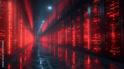 Render of Modern Data Technology Center Server Racks in Dark Room with VFX. Visualization Concept of Internet of Things, Data Flow, Digitalization of Internet Traffic. Complex Equipment Warehouse.