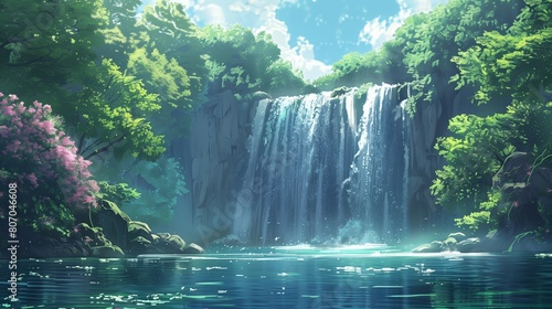 Tranquil Waterfall Oasis in Spring Bloom - Lush Greenery and Sunlight Sparkling on Water