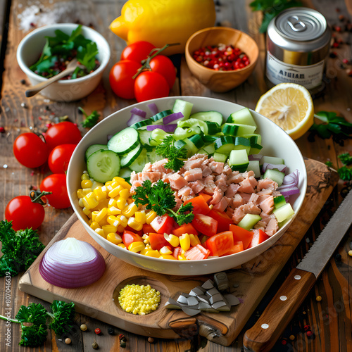 Step-by-Step Preparation of Fresh and Healthy Tuna Salad on a Rustic Wooden Table