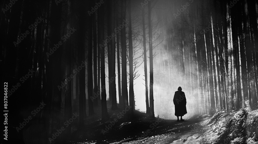 Mysterious Figure Standing in a Misty, Moonlit Forest - Haunting, Atmospheric Nighttime Scenery