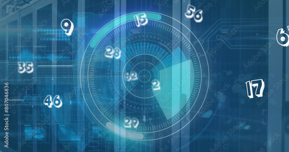 Image of multiple numbers floating over round scanner against computer server room Image of multiple numbers floating over round scanner against computer server room