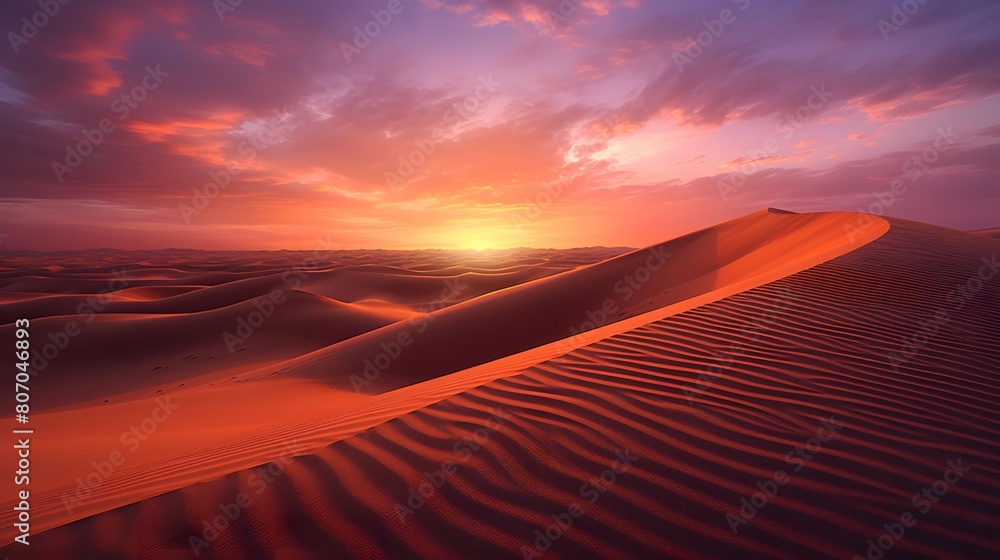Panorama of sand dunes at sunset. Sunrise in the desert