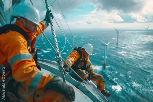 Technicians conduct surveys and observations beneath a colossal ocean wind turbine by sailing ship and climbing a mountainous, as they carry out maintenance and cleaning tasks.