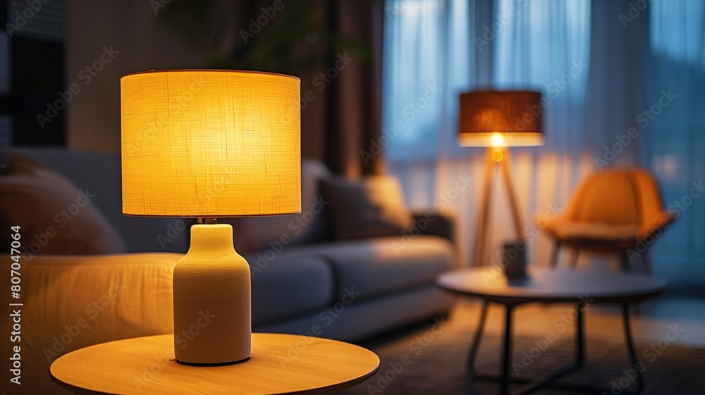 Cozy Evening Interior with Elegant Table Lamp and Soft Ambient Lighting in Modern Living Room Cozy Evening Interior with Elegant Table Lamp and Soft Ambient Lighting in Modern Living Room
