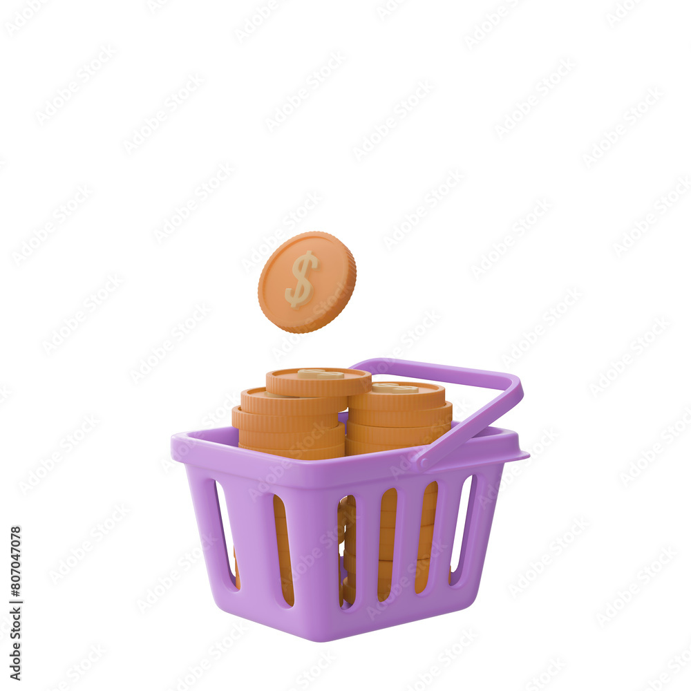 3d rendering of minimal shopping basket with coin icon. Three-dimensional illustration concept of online buy sell purchase market order 3d rendering of minimal shopping basket with coin icon. Three-dimensional illustration concept of online buy sell purchase market order