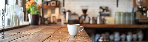A solitary white coffee cup sits on a wooden table in a coffee shop. The background is blurry. The cup is in focus.
