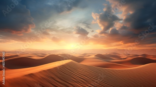 Desert sand dunes panorama at sunset  3d render