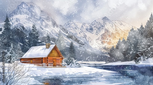 Bring to life the warmth of a log cabin nestled in the snowy mountainsWater color,  hand drawing photo