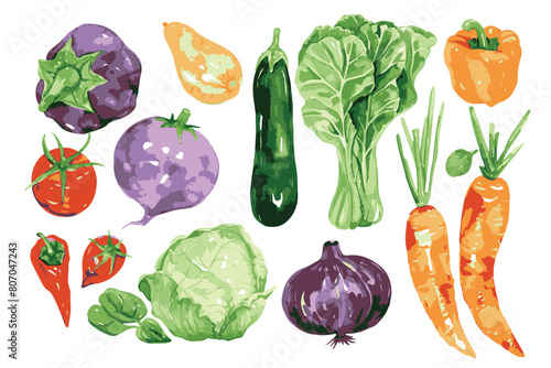 Charming watercolor vegetables, with simple shapes and vibrant colors