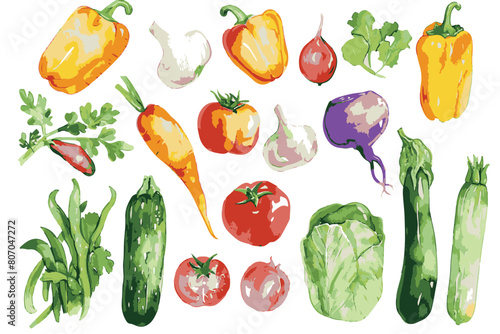 A collection of cheerful summer vegetables, hand-painted in watercolor