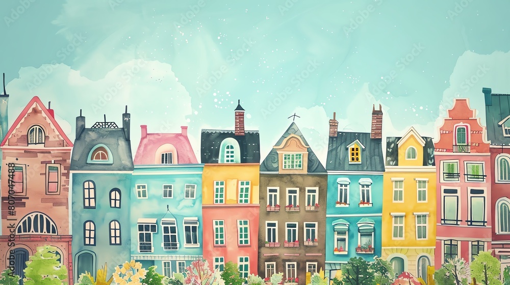 Create a whimsical scene of a row of houses with colorful facades and intricate detailsWater color, hand drawing Create a whimsical scene of a row of houses with colorful facades and intricate detailsWater color, hand drawing