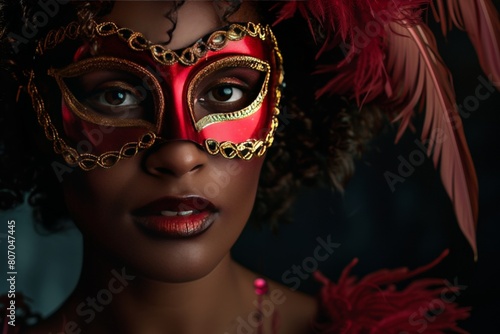 african american woman wearing a carnival mask with feathers