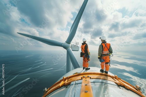 Technicians conduct surveys and observations beneath a colossal ocean wind turbine by sailing ship and climbing a mountainous, as they carry out maintenance and cleaning tasks.