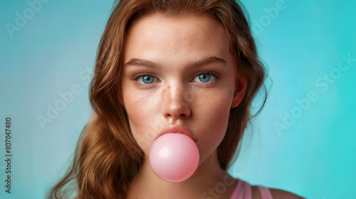 Young woman blowing a pink bubble with bubble gum against a blue backdrop