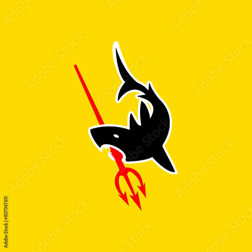 Vector graphic of a shark biting a spear logo design illustration. This vector is perfect for company logos, name identities, advertisements, wallpapers, templates, banners, backgrounds, branding, etc