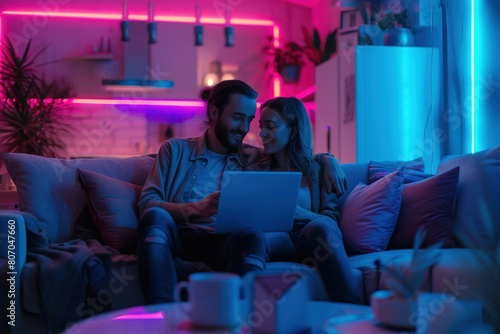 Couple sitting on a couch with a laptop in front of colorful neon lights in a cozy living room