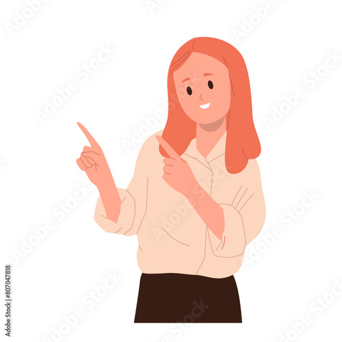 Pretty smiling schoolgirl student cartoon character indicating something aside isolated on white