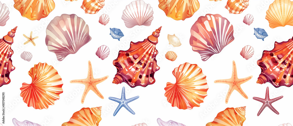 A charming hand-drawn pattern featuring shells and starfish, perfect for textiles, banners, and wallpapers. Ideal for a summer-themed background. A charming hand-drawn pattern featuring shells and starfish, perfect for textiles, banners, and wallpapers. Ideal for a summer-themed background.