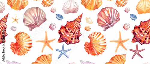 A charming hand-drawn pattern featuring shells and starfish, perfect for textiles, banners, and wallpapers. Ideal for a summer-themed background.