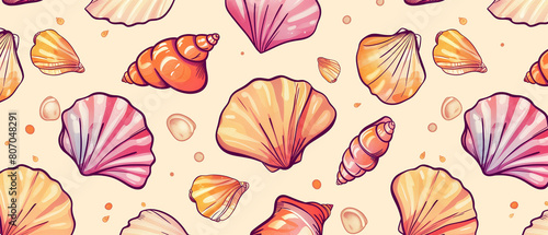Delightful seamless pattern showcasing shells and starfish, hand-drawn with a cute touch. Great for textiles, banners, and wallpapers.