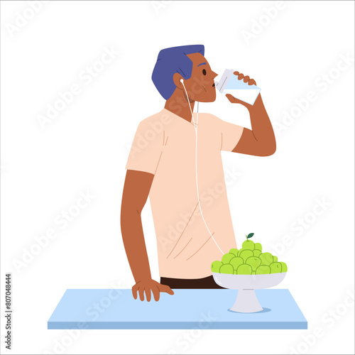 Sportive athletic man cartoon character drinking protein cocktail sports food after jogging