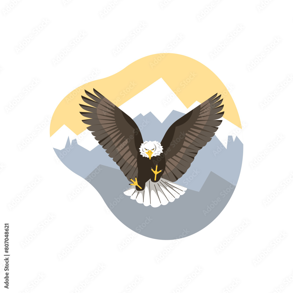Fototapeta premium Large wild flying eagle with outstretched wings front view flat style